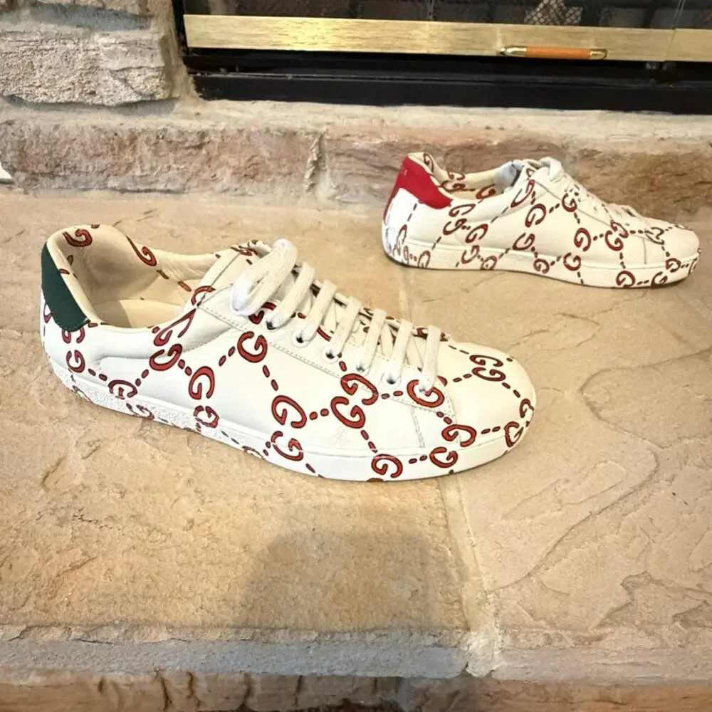 Gucci Ace GG Tennis Print Leather Sneakers White Red Green 8.5 Designer Luxe